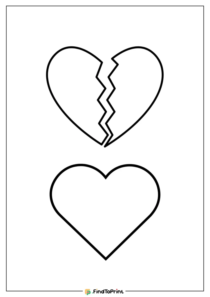 Broken heart template printable featuring two heart outlines, with the top heart split down the middle in a zigzag pattern, symbolizing a broken heart, and the bottom heart in a complete shape. Perfect for craft or emotional expression projects.