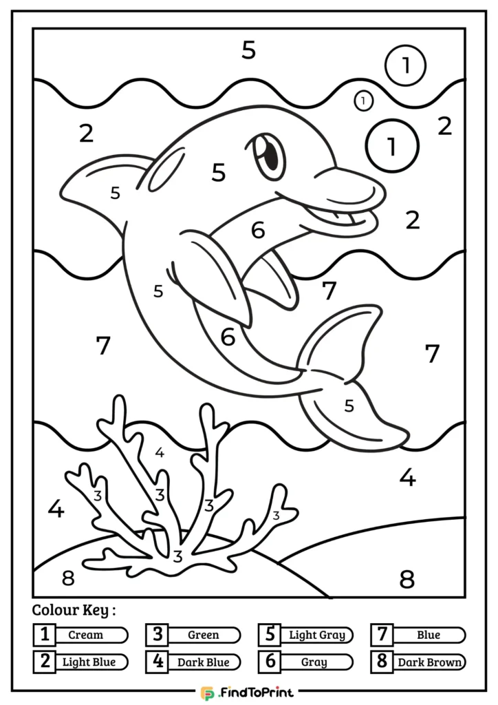 Color by number coloring sheet featuring a smiling dolphin swimming among coral and bubbles. Each section of the dolphin and background is numbered for coloring.