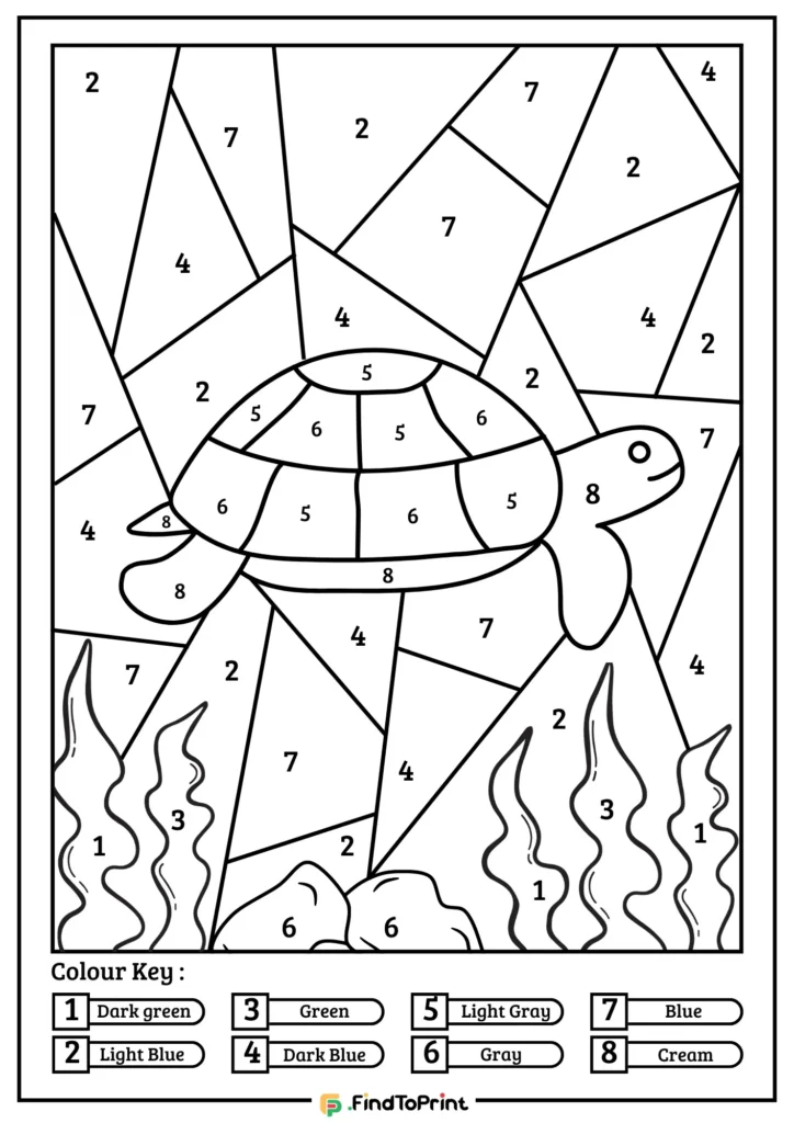 Color by number coloring page featuring a turtle with a patterned shell, set against a background of geometric sections and underwater plants. Each area is numbered for coloring, with a color key at the bottom.