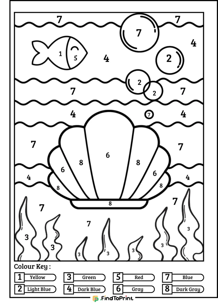 Printable color by number page featuring a large seashell surrounded by underwater plants, bubbles, and a fish. Each section is numbered for coloring, with a color key at the bottom.