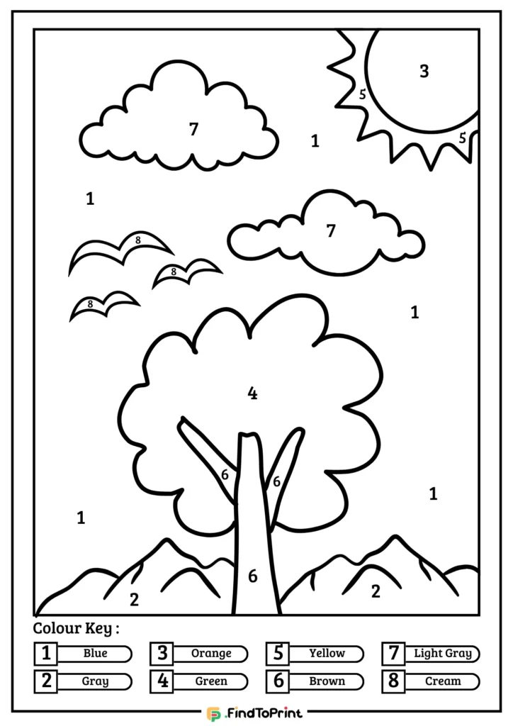 Color by number page featuring a nature scene with a large tree, mountains, clouds, birds, and a sun in the sky. Each section is numbered for coloring, with a color key at the bottom showing blue, gray, orange, green, yellow, brown, light gray, and cream.