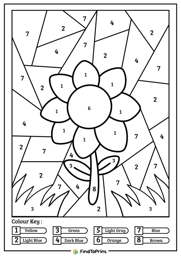 Color by number printable page featuring a large flower with geometric background sections for coloring. Each area is numbered, with a color key at the bottom listing yellow, light blue, green, dark blue, light gray, orange, blue, and brown.