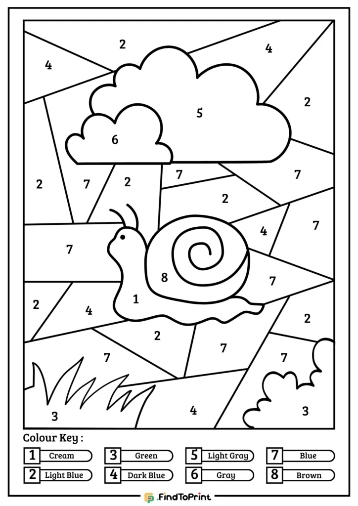 Color by number printable page featuring a snail crawling beneath a cloud with geometric background sections for coloring. Each area is numbered, and a color key at the bottom.