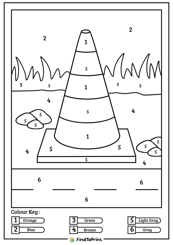 Color by number printable PDF featuring a traffic cone on a base with grass and stones in the background. Each section is numbered, with a color key at the bottom.