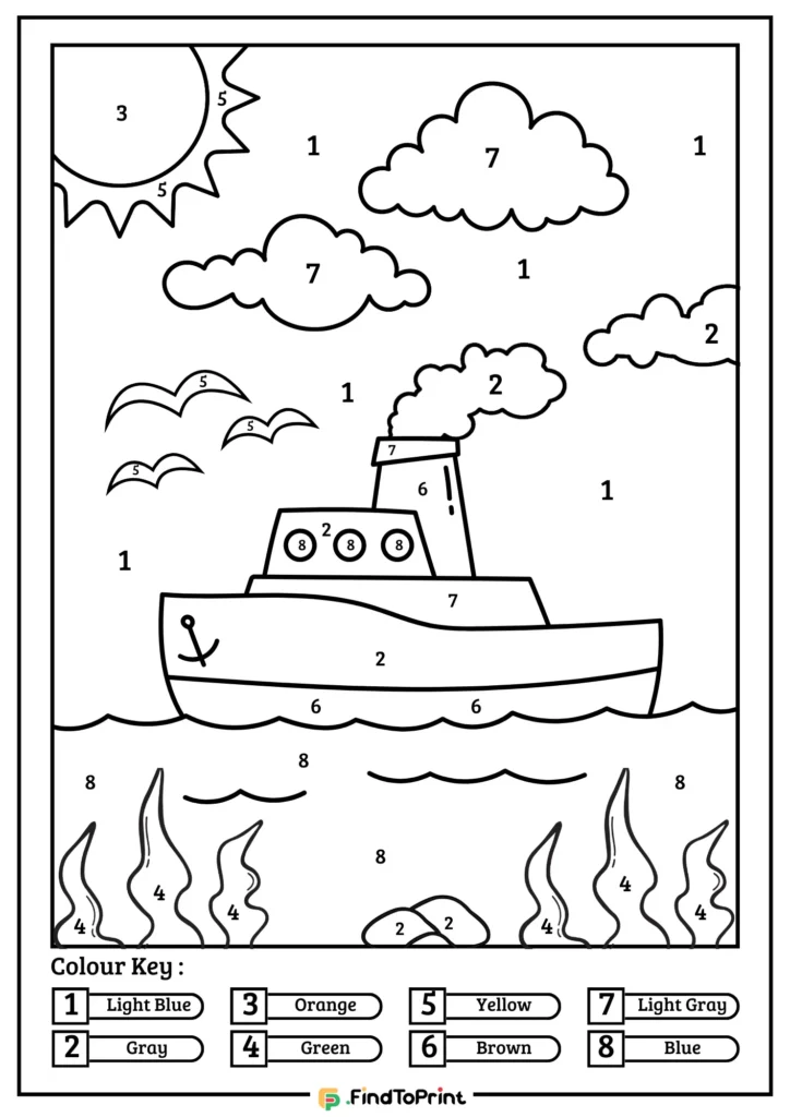 Color by number printable sheet featuring a boat on the water with birds, clouds, and the sun in the sky. Each area is numbered, with a color key at the bottom indicating light blue, gray, orange, green, yellow, brown, light gray, and blue.