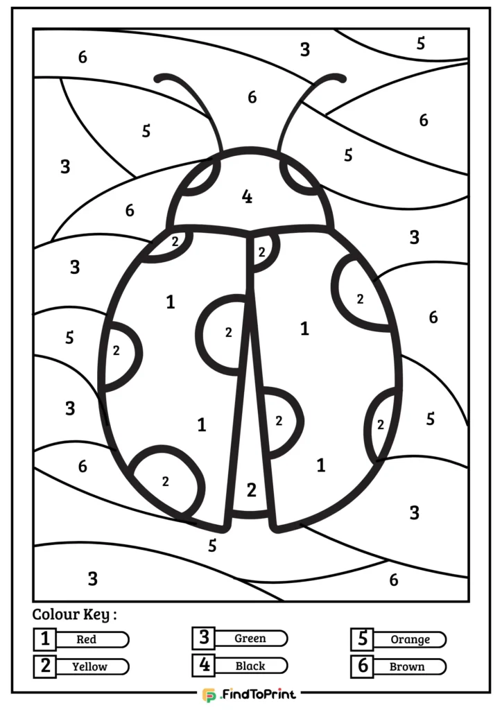 Color by number printable worksheet featuring a ladybug with numbered sections for coloring, set against a background of curved lines. The color key at the bottom includes red, yellow, green, black, orange, and brown. Created by FindToPrint.