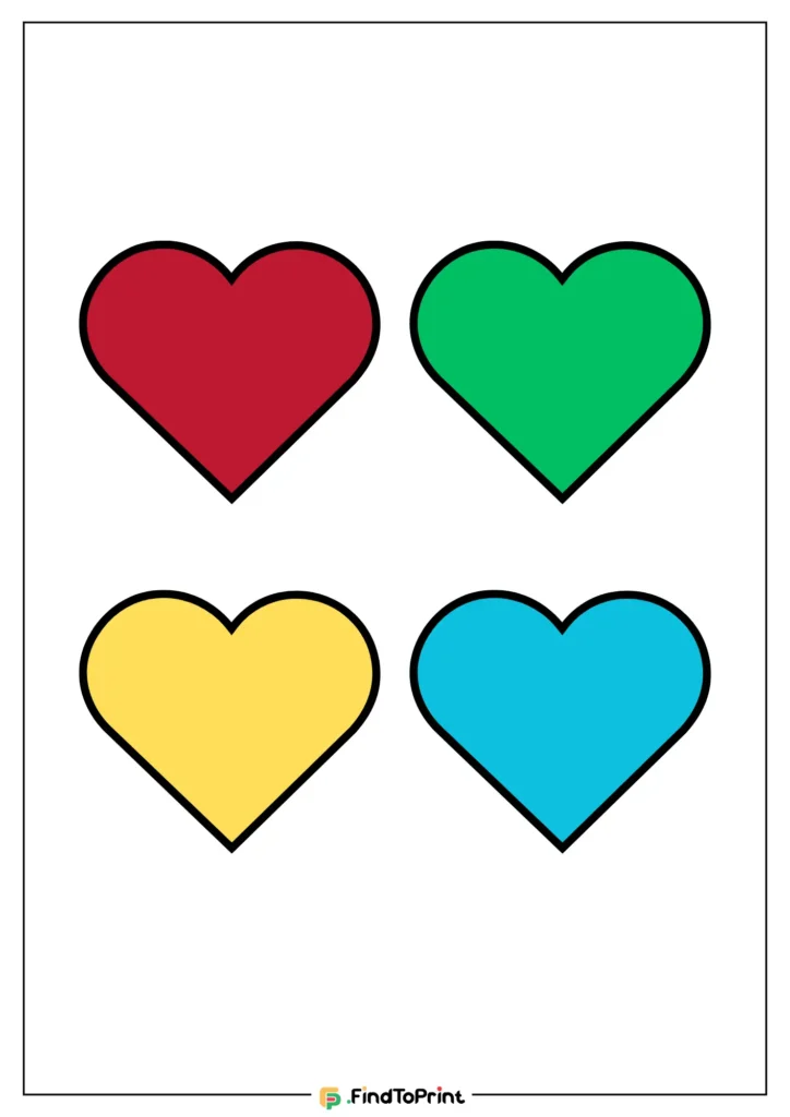 Colored Hearts Printable features four heart shapes arranged in two rows and two columns. Each heart is filled with a different solid color: red, green, yellow, and blue, all outlined in black.