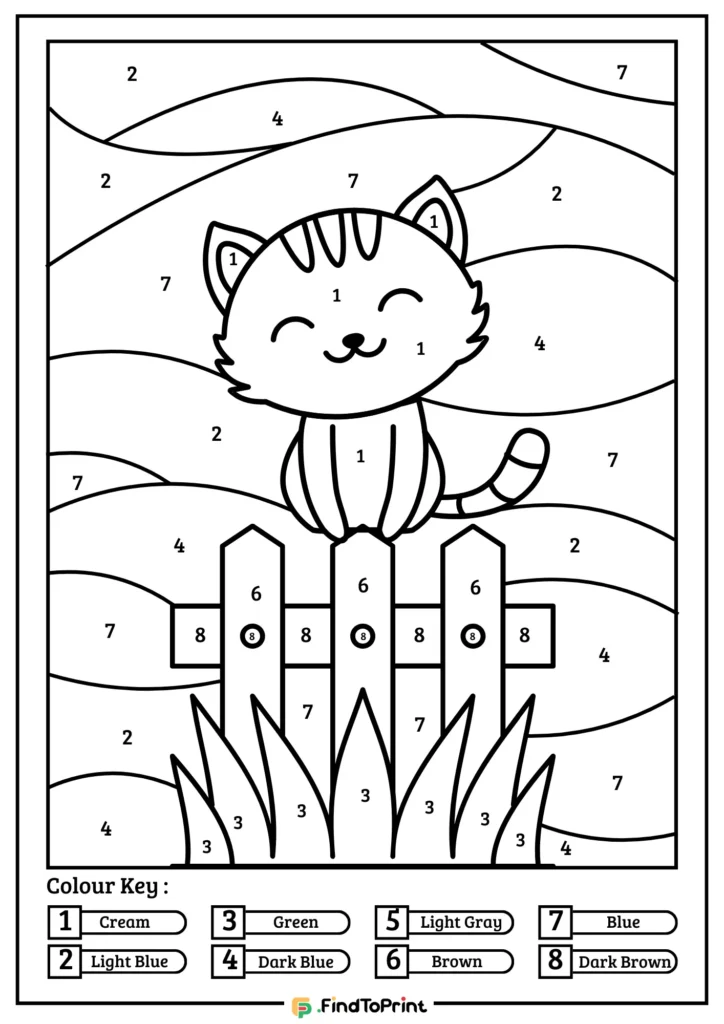 Free color by number printable featuring a cute kitten sitting on a wooden fence, surrounded by grass and a background of rolling hills. Each section is numbered, with a color key at the bottom listing cream, light blue, green, dark blue, light gray, brown, blue, and dark brown.