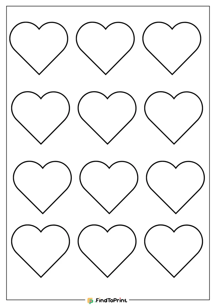 Free Heart Printable to Print shows a grid of 12 outlined heart shapes arranged in 4 rows and 3 columns on a plain white background.