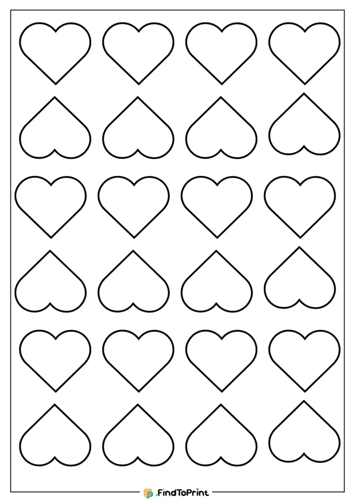 Free Heart Template Printable shows a grid of 20 evenly spaced, outlined heart shapes arranged in 5 rows and 4 columns on a plain white background.