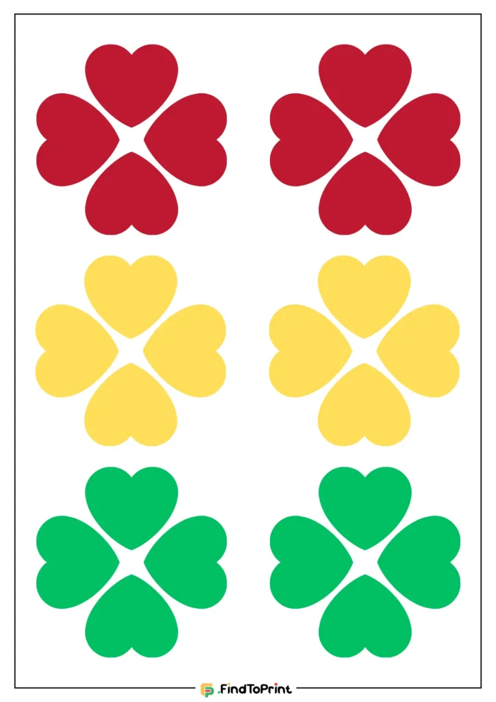 Heart shape patterns printables featuring a grid of six four-leaf clover designs, each made from heart shapes in red, yellow, and green colors. Designed for printables, this layout is perfect for craft or educational projects.