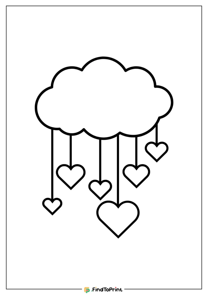 Heart shape template free printable featuring a simple outline of a cloud with five hanging hearts in various sizes. This black-and-white design is ideal for crafting or coloring activities.