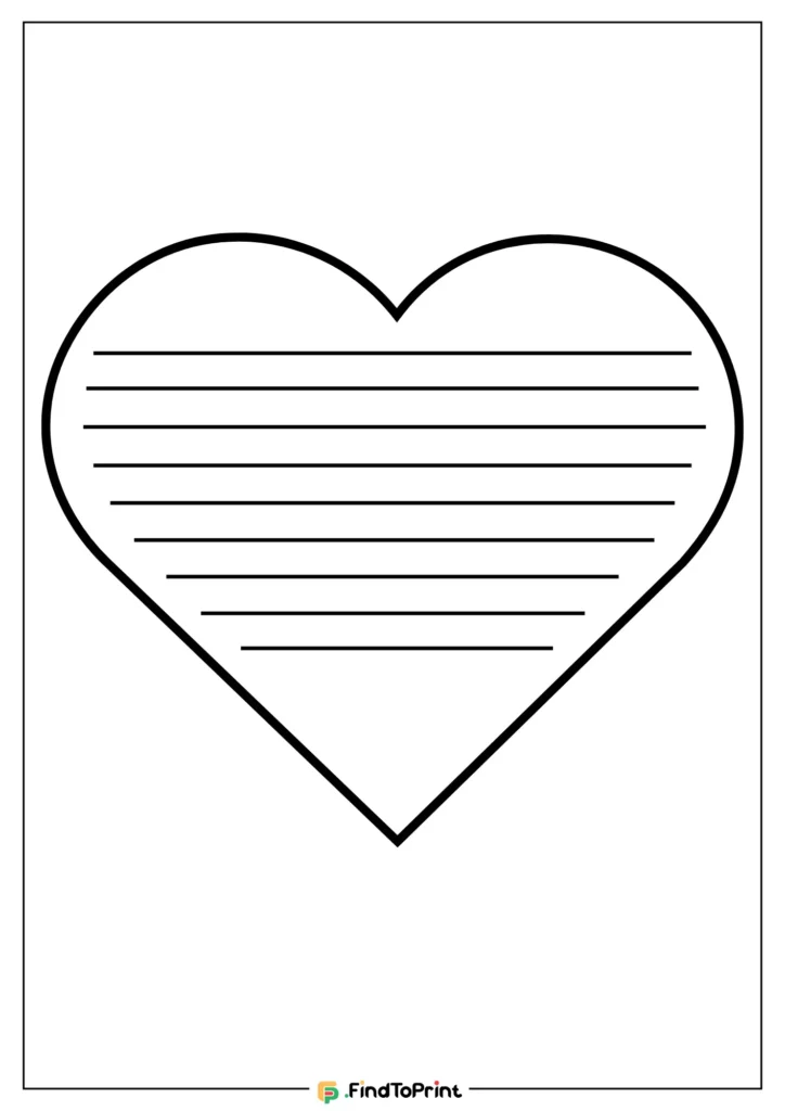 Printable heart-shaped writing template featuring black lines for text inside the heart outline. Ideal for crafting, writing activities, or Valentine's Day projects.