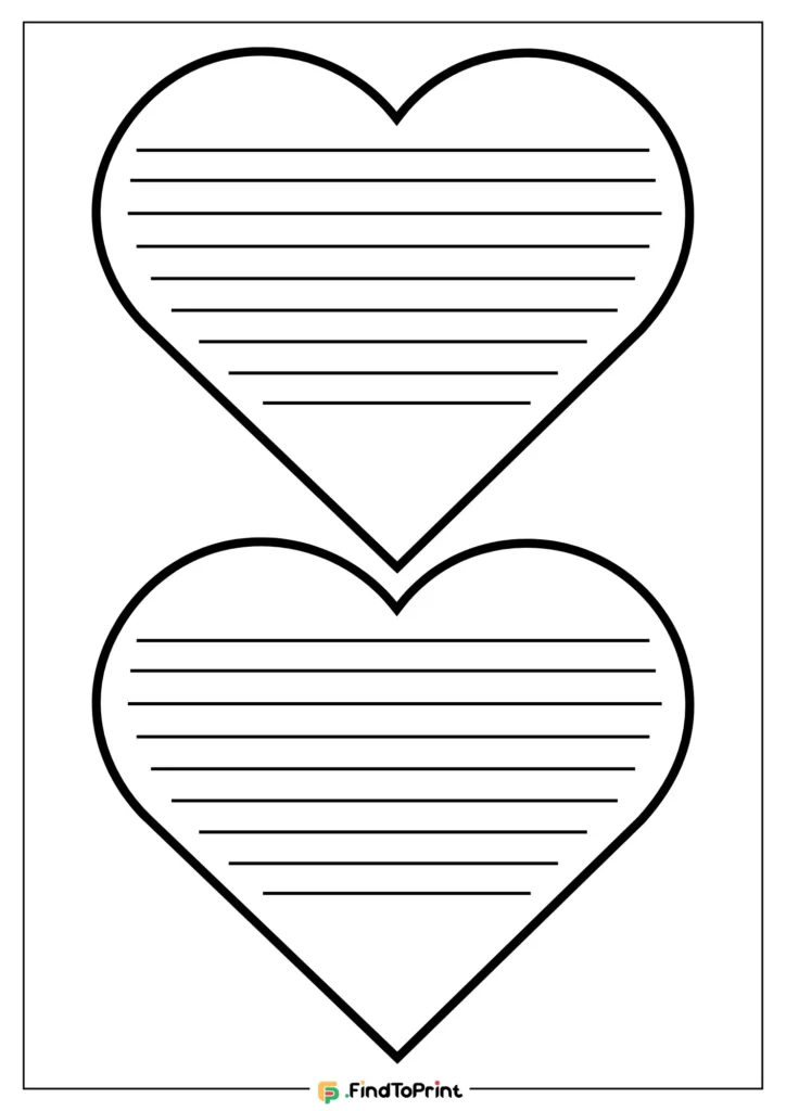 Free printable template with two heart-shaped outlines, each featuring black lines for writing inside. Perfect for notes, crafts, or Valentine's Day activities. 