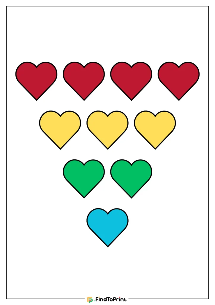 Printable colorful hearts arranged in a pyramid shape, featuring three red hearts at the top, followed by two rows of yellow, green, and a single blue heart at the bottom. Ideal for crafting or educational activities.