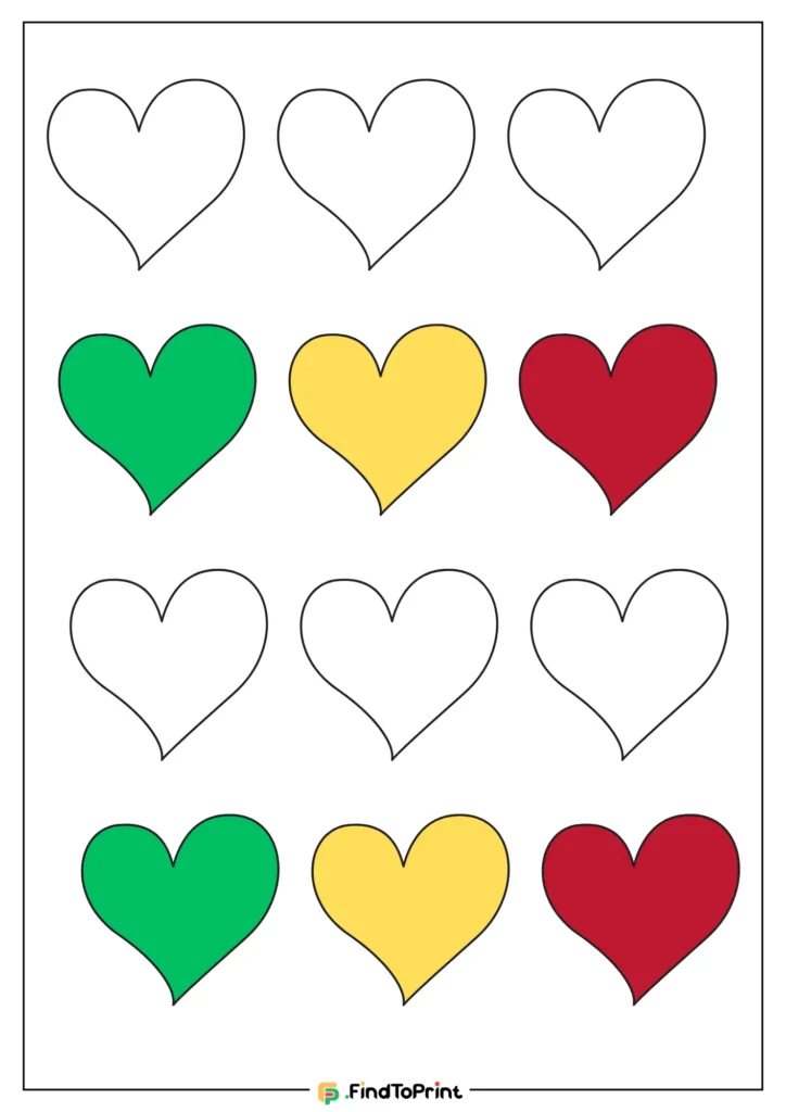 Printable Heart Template Free shows a grid of 12 heart shapes arranged in 4 rows and 3 columns. Some of the hearts are colored in, with green, yellow, and red shades, while others are outlined in black but left uncolored.