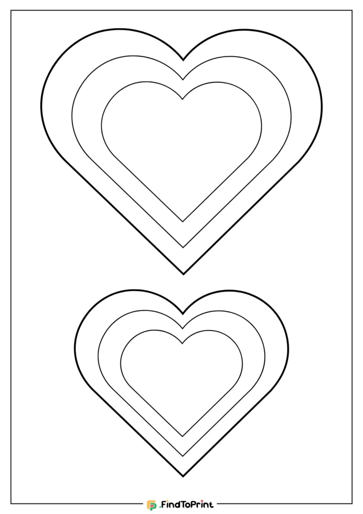 Printable heart templates in different sizes, featuring two large hearts, each made up of three nested heart outlines. This simple black-and-white design is ideal for crafting or coloring projects.