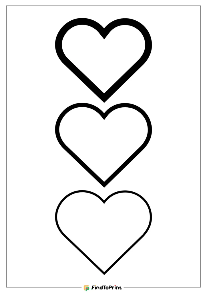 Template of a Heart Shape P'rintable features three heart shapes stacked vertically, each with progressively thinner outlines from top to bottom. The top heart has the thickest outline, the middle heart has a moderately thick outline, and the bottom heart has the thinnest outline.