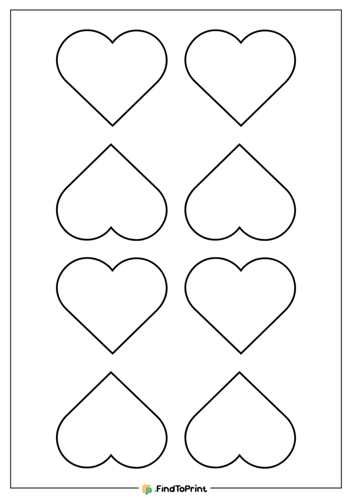 Free Printable Heart Shape Template features a grid of 8 outlined heart shapes, arranged in 4 rows and 2 columns on a plain white background.