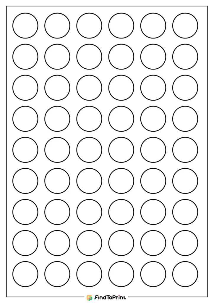 Printable 1-inch circle template featuring a grid of evenly spaced, empty circles arranged in rows and columns.