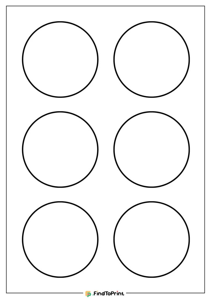 Printable 3-inch circle template featuring a grid of six large, evenly spaced empty circles arranged in two columns.