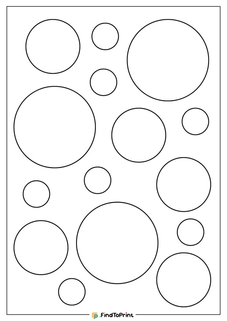 Blank circle template with multiple empty circles of varying sizes scattered across the page, providing a versatile layout for crafting, labeling, or educational purposes.