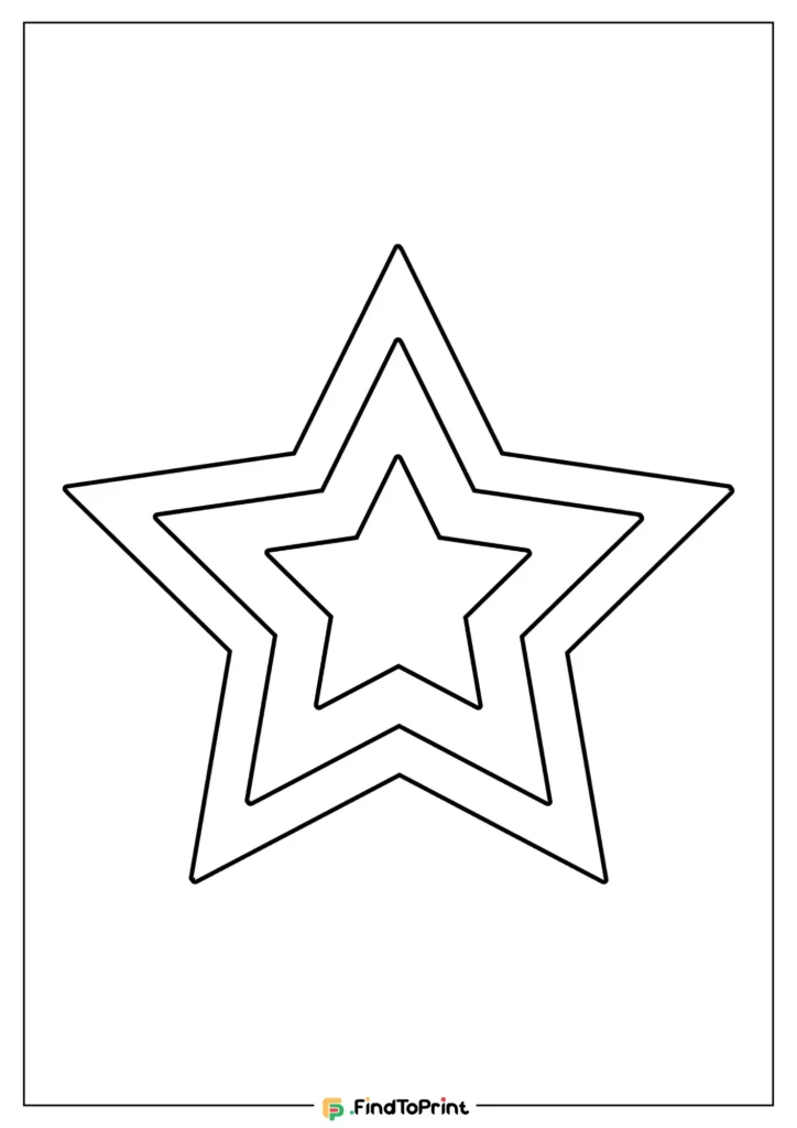 A black-and-white printable Christmas star template featuring three nested star outlines of varying sizes, arranged concentrically. 