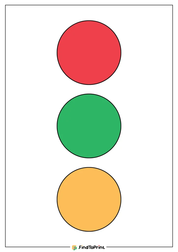 Circle shape printable with three colored circles arranged vertically: a red circle at the top, a green circle in the middle, and a yellow circle at the bottom, resembling a simplified traffic light.