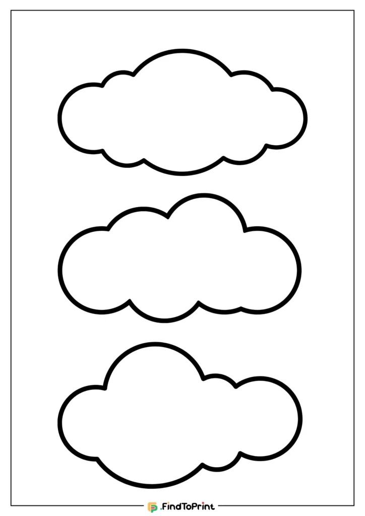 Printable cloud pattern featuring three outlined cloud shapes stacked vertically on a white background, ideal for crafting, coloring, or educational activities.