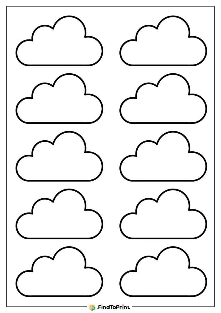 Free printable cloud template featuring nine identical cloud outlines arranged in a grid on a white background, perfect for arts and crafts, educational use, or decorating.