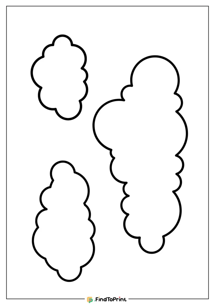 Cloud template for crafts featuring four unique cloud shapes with irregular, fluffy outlines on a white background, ideal for DIY projects, decorations, or educational use.