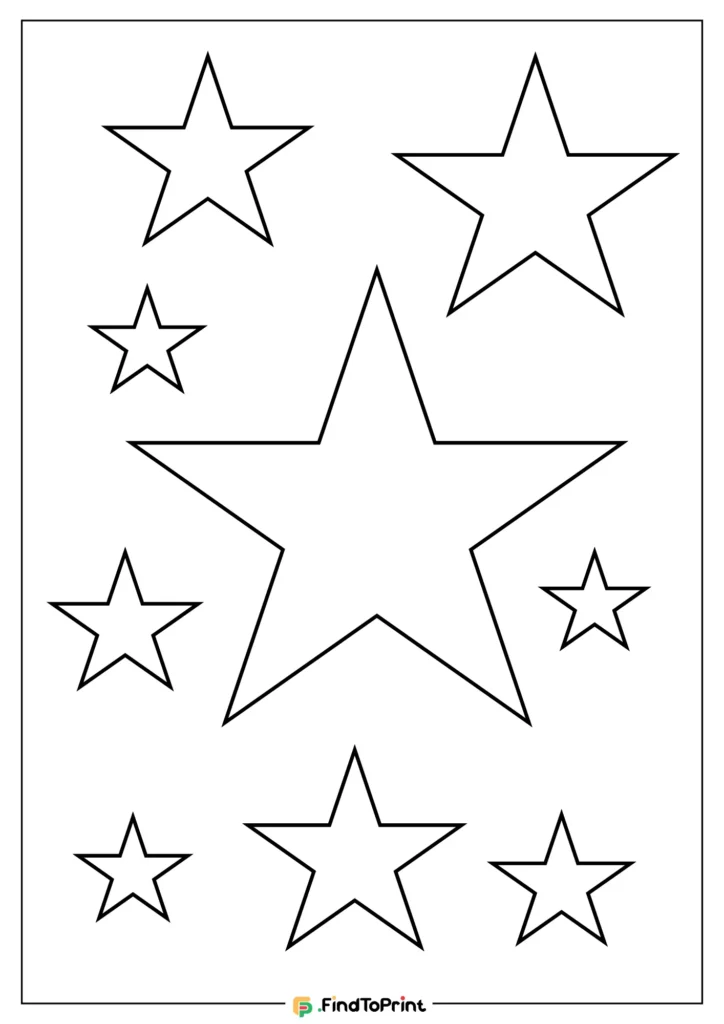 A printable template featuring multiple five-pointed star outlines in various sizes, arranged on a white background.