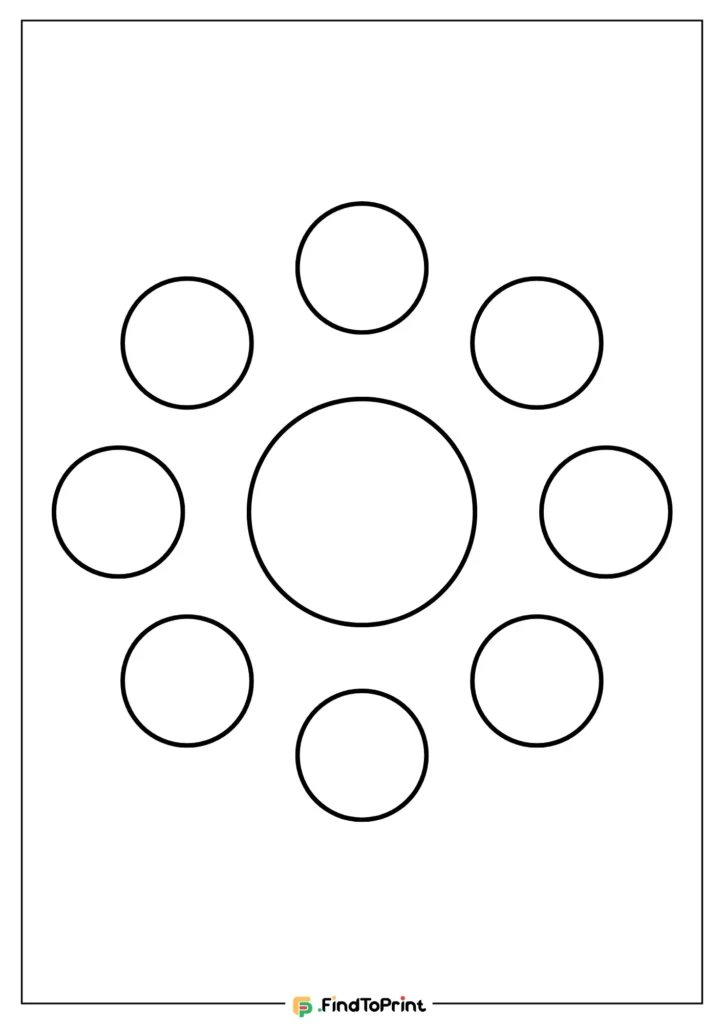 Free printable circle template featuring a central large circle surrounded by six smaller circles arranged in a circular pattern.