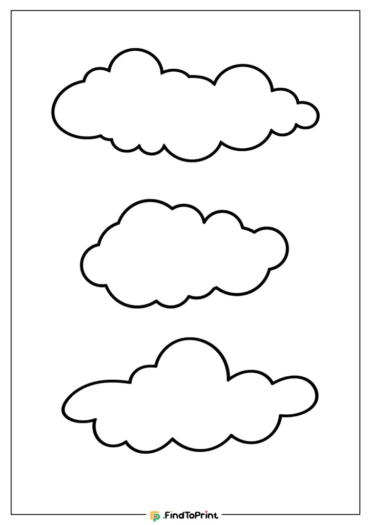 Free printable cloud pattern featuring three different cloud shapes outlined in black on a white background, perfect for crafts, DIY projects, or educational activities.