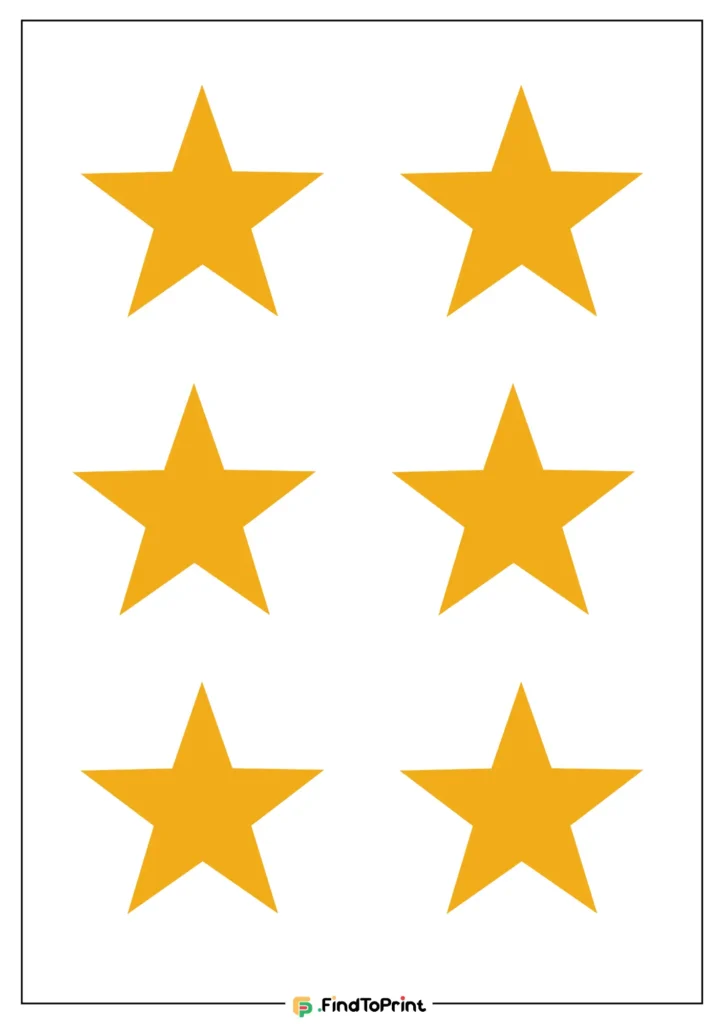 "A free printable template featuring six evenly spaced yellow five-pointed stars arranged in two rows of three.