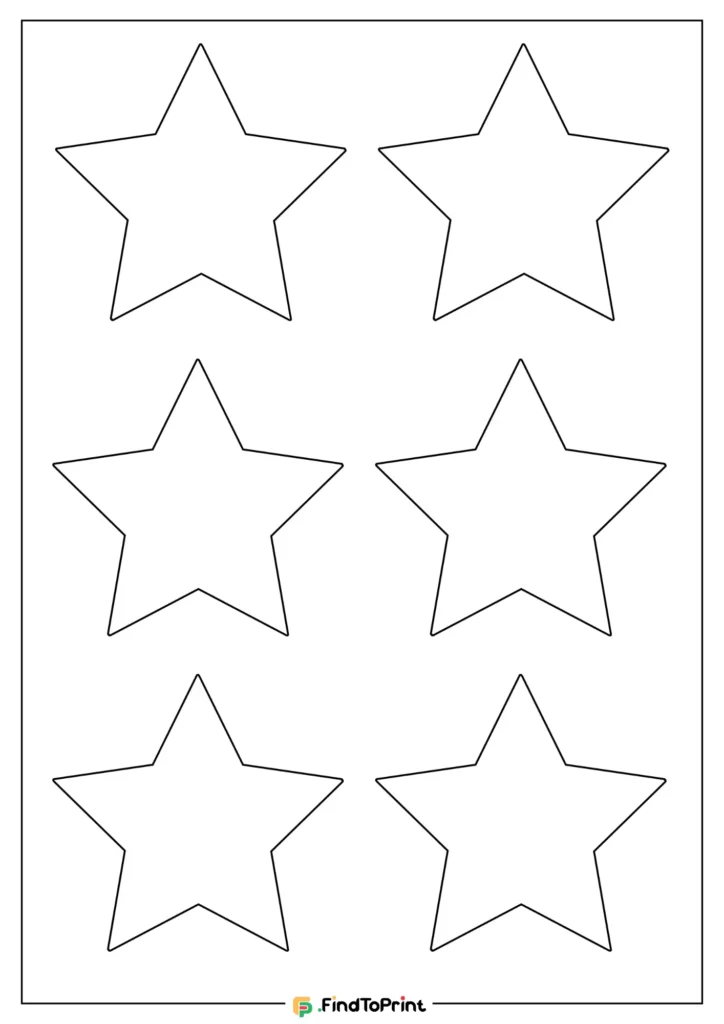 A free printable template featuring six evenly spaced five-pointed star outlines, arranged in two rows of three on a plain white background.