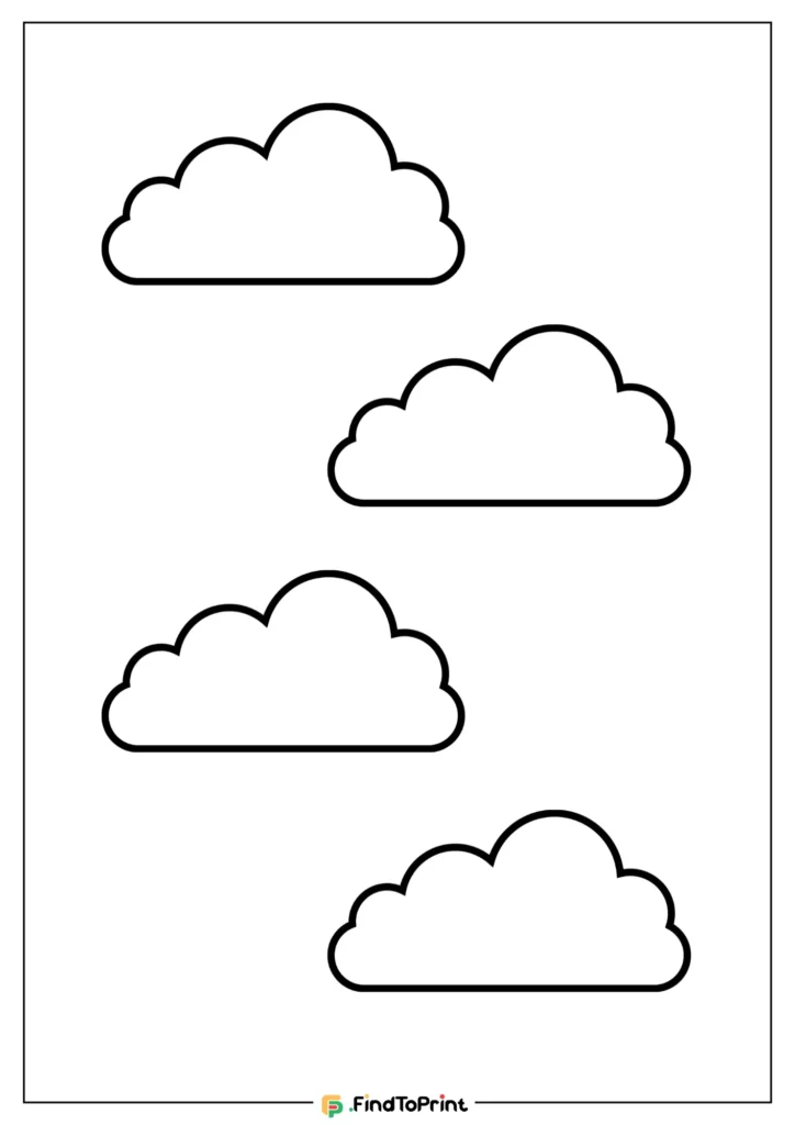 Printable cloud outline featuring four simple cloud shapes spaced across a white background, ideal for kids' crafts, coloring, or decoration projects.