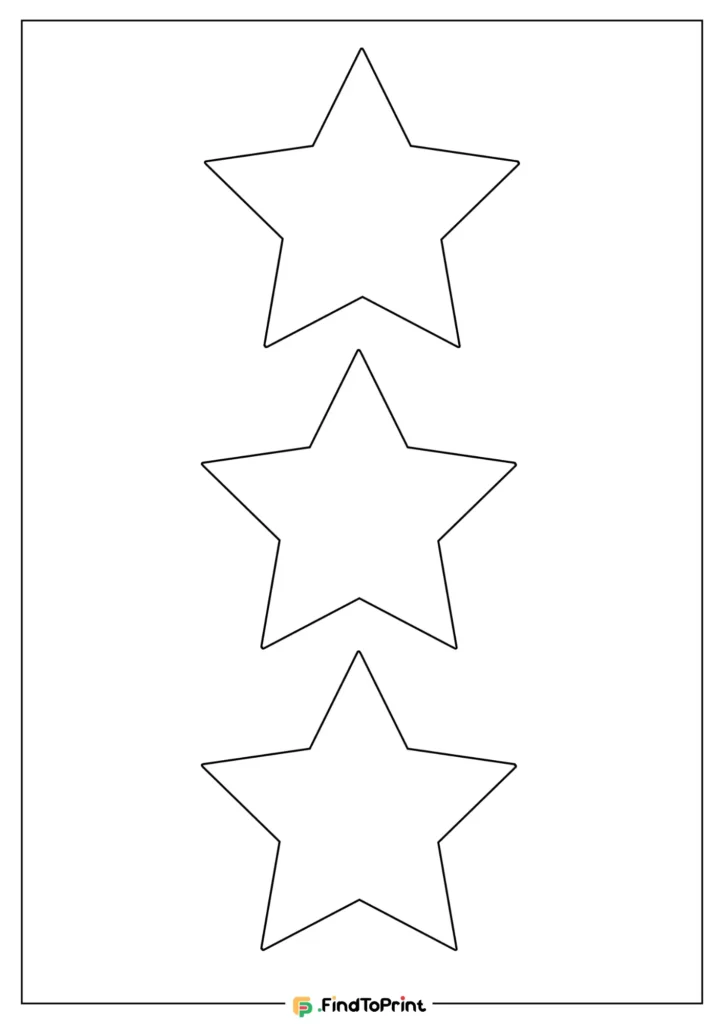 A printable template featuring three large star outlines arranged vertically on a blank page. Ideal for crafts, coloring, or stencil use.