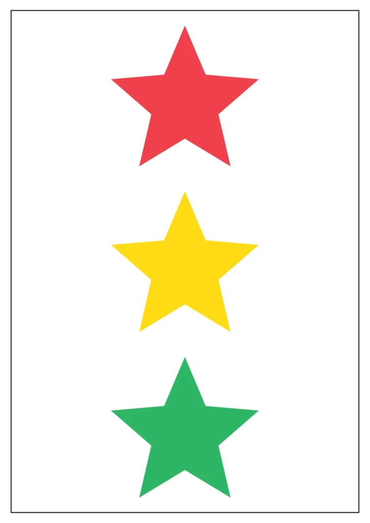 A printable template featuring three colored stars arranged vertically on a white background. The stars are red, yellow, and green from top to bottom, ideal for educational activities, crafts, or decorations.