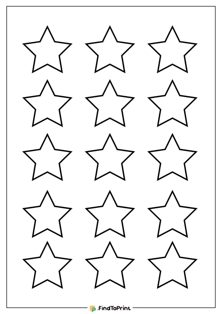 A printable template featuring a grid of fifteen star outlines arranged in three rows of five on a blank page. Suitable for crafts, coloring, or educational activities.